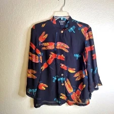 Citron Santa Monica silk dragonfly print button down blouse sz S