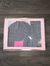 Kate Spade Cable Knit Beanie  Glove Gift Box Set In Heather Gray NWT