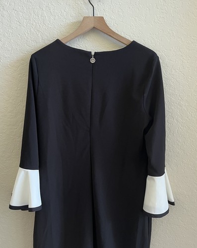 TOMMY HILFIGER Black White Bell Sleeve Knee Length Career Work Sheath Dress 14 - Picture 7 of 8