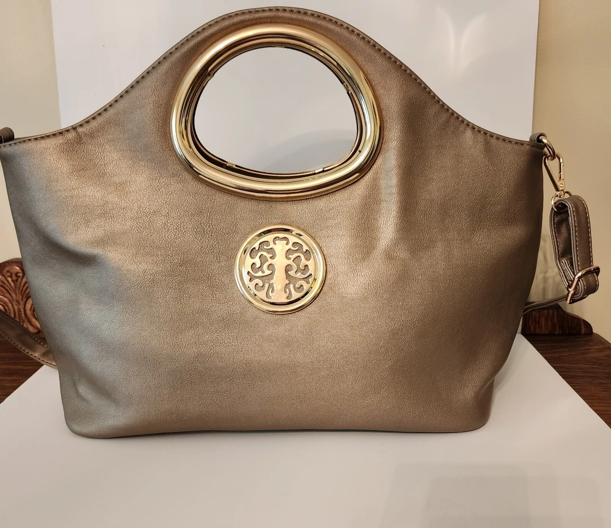 Metallic Pewter Gold Large Tree Of Life Emblem Handbag