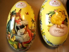 Vintage Heidel Empty German Easter Litho Tin 4 1/4"Egg Bunnies Hugging & Chick
