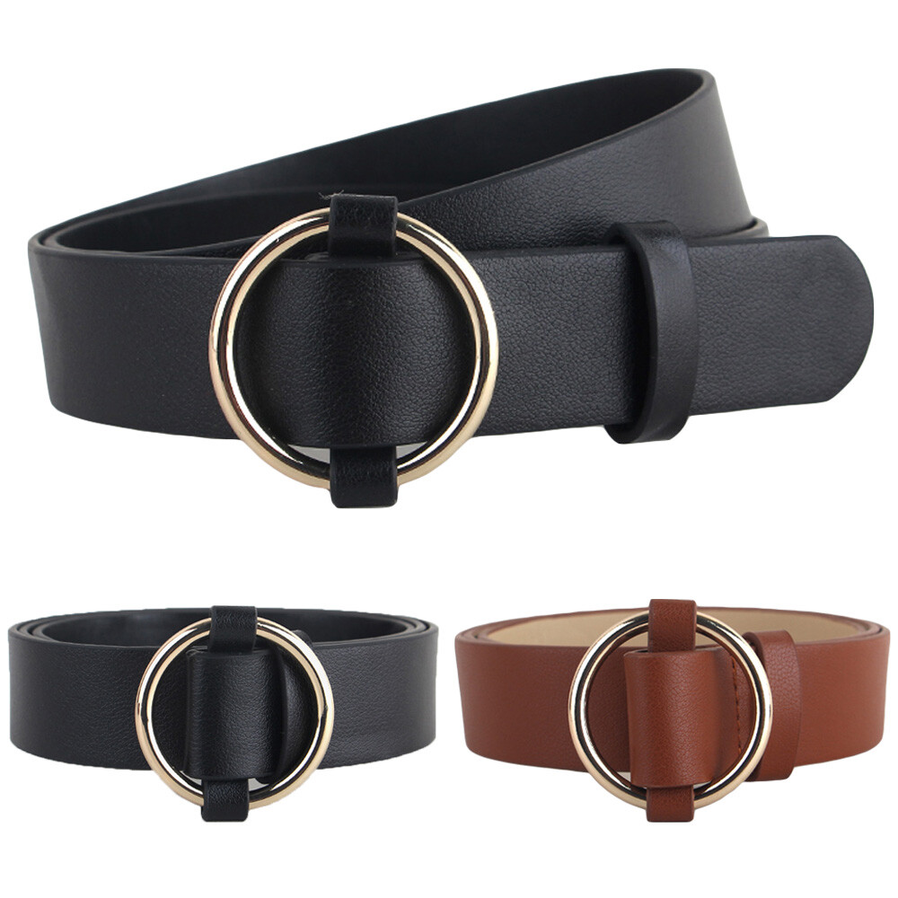 Ladies Faux Leather Waist Belts Women's Belt Stylish Circle Buckle Waistband