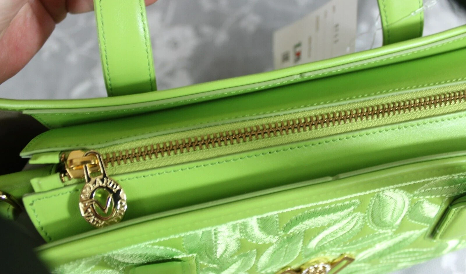 Borsa a tracolla Valentino Orlandi verde lime italiana in pelle ricamata nuova con etichette
