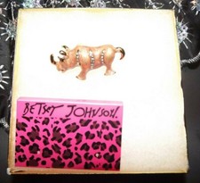 Betsey Johnson Rhinoceros Rhino Tan Brooch Pin Crystal Enamel Gift Box Bag NWT 