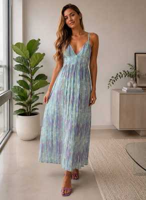 FROM BRAZIL  - Abstract Blue Green Purple Pleated Smocked V-Neck Midi Dress 
