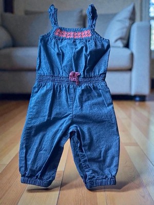 Genuine Kids OshKosh 12M Baby Girl Denim Overalls Floral Embroidered