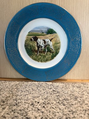 Vintage Deko Teller mit Jagdhund mit grünem Rand und Goldrand