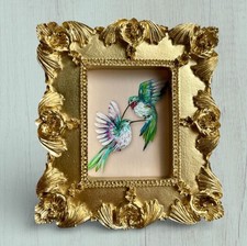 Hummingbird Haven mini watercolor bird print in gold vintage style ornate frame