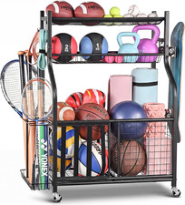 Garage Sports Equipment Organizer with Hooks Baskets for Indoor/Outdoor Use