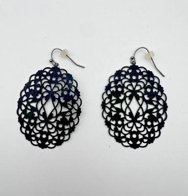 Black Oval Cut Out Lace Filigree Earring - 2''