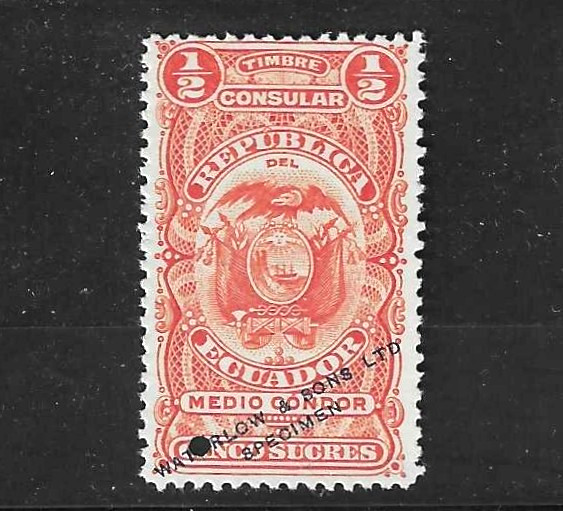 Ecuador circa 1910, Consular fiscal or revenue, WATERLOW SPECIMEN overprint