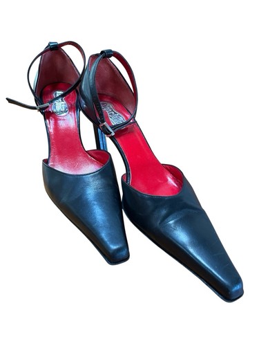 Free Lance Paris Black Leather Heels Ankle Strap Long Snip Toe EU 37 US 7