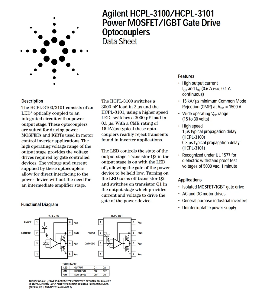 HCPL-3100 A3100 Agilent MOSFET IGBT Gate Drive Optocoupler 0.6A 1us DIP-8 - Image 2 of 4