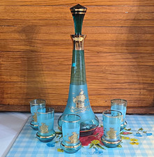 Blue  Gold Glass Nautical Ship Decanter Set w/ Stopper  5 Matching Glasses
