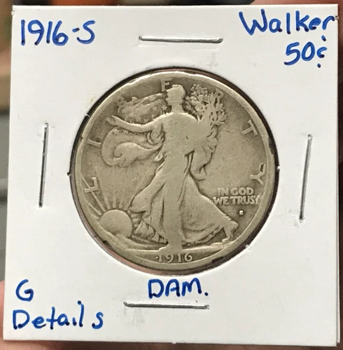 1916-S 50C Silver Liberty Walking Half Dollar G Details Damage