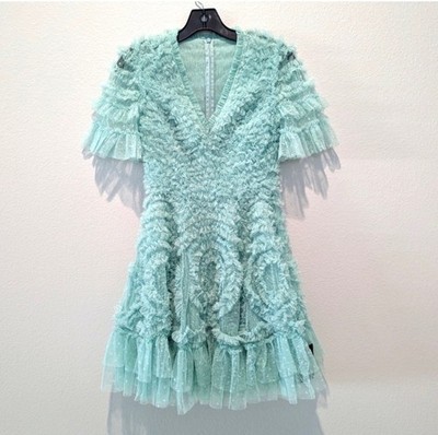 Needle & Thread Verity Ruffle Mini Dress Size 2 Green NEW with Tags