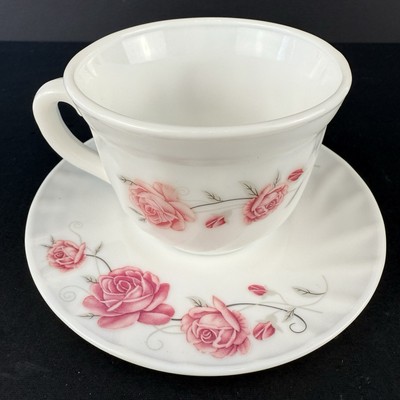 Uniware Opal Glass Cup and Saucer Set White With Roses.