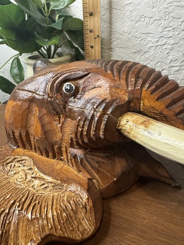 Hand Carved Wooden Elephant Head Sculpture Wall Hanging Office Decor 12x12 Large - Picture 6 of 9
