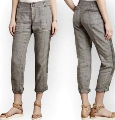 Hei Hei Anthropologie Pants Women 100% Linen Size 30 Gray Marlena Embroidered