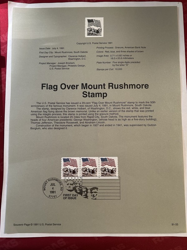 FDC # 2523A 29 cent Flag over Mount Rushmore 1991 USPS Souvenir Page Stamp 