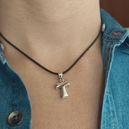 925 Silver Tau Tao Cross Mens Necklace Black Rope String - Picture 5 of 9