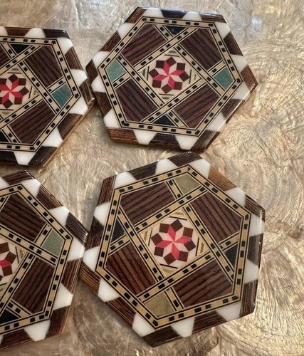 Taracea Salinas Coasters Exotic Woods Star Inlay Spanish Marquetry Design Tiles - Picture 6 of 10
