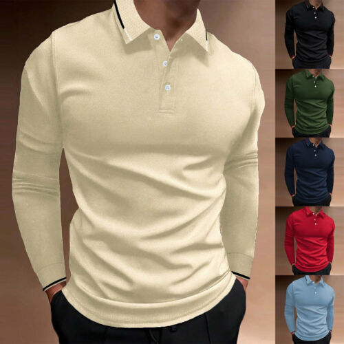 Men'S Fashion Casual Long Sleeve Shirt Button Up Collar Solid Color Polo Shirts