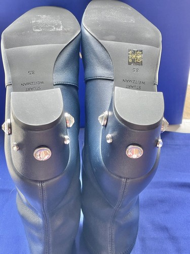 Stuart Weitzman AllShine 60 Bonito Calcetín de Cuero Azul Bota Tacón Bloque con Joyas 8.5 - Imagen 17 de 24