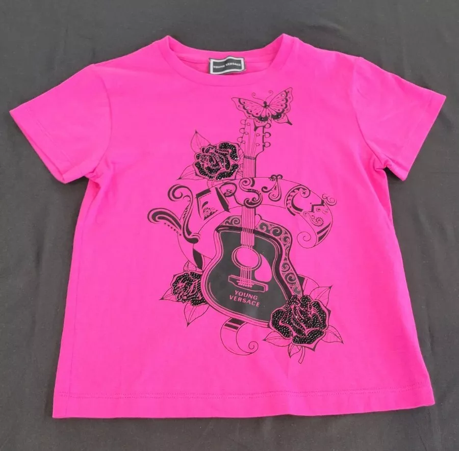 NWT NEW Young Versace girls pink printed T shirt top with guitar logo 6y VFTS258