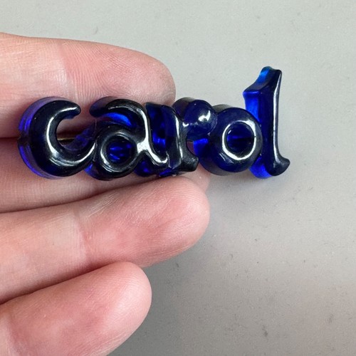 Vintage Blue Bubble Letters ‘Carol’ Name Brooch Pin – Cursive Lucite Celluloid?