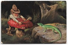 Gnome Mushroom and Lizard Artist Signed Fantasy original c. 1910 postcard