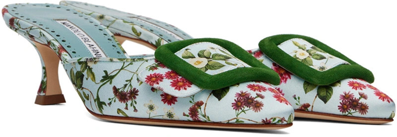 Manolo Blahnik Maysalebi Buckle Blue Floral 50MM Pointy Toe