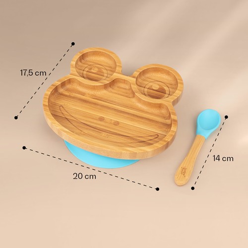 Kindergeschirr Set Bambusteller Löffel 250 ml Baby Besteck 18x18 cm Blau Frosch - Afbeelding 9 van 9