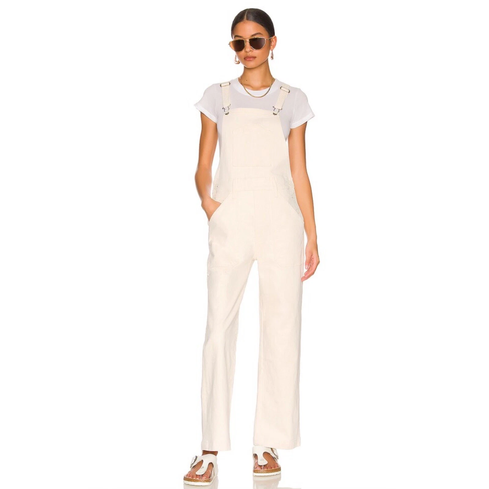 MOTHER Denim The Patch Pocket Overall Ankle Act Natural Creamy White Sz L NWT