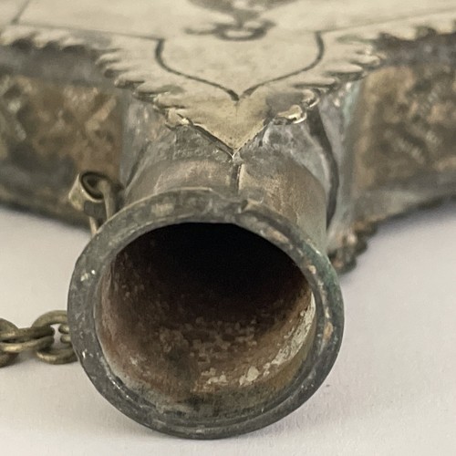 Stunning Antique Islamic/Otterman Empire? Metal Powder Flask With Lid On Chain - Picture 13 of 20