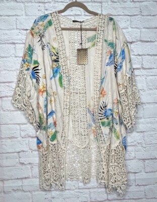 1X/2X/3X New Ivory Cream BLue Green Black Lace Embroidered Floral Kimono Jacket