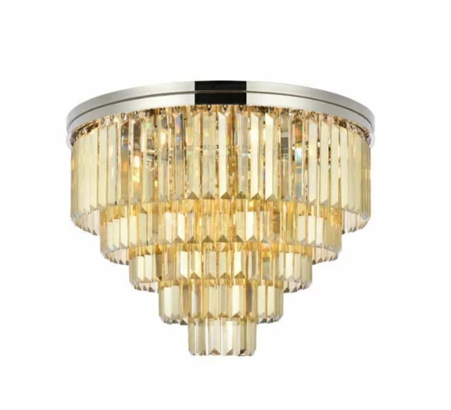 Large Polished Nickel Flush Mount Crystal Light Golden Teak Dining Room Fixture - Picture 1 of 8