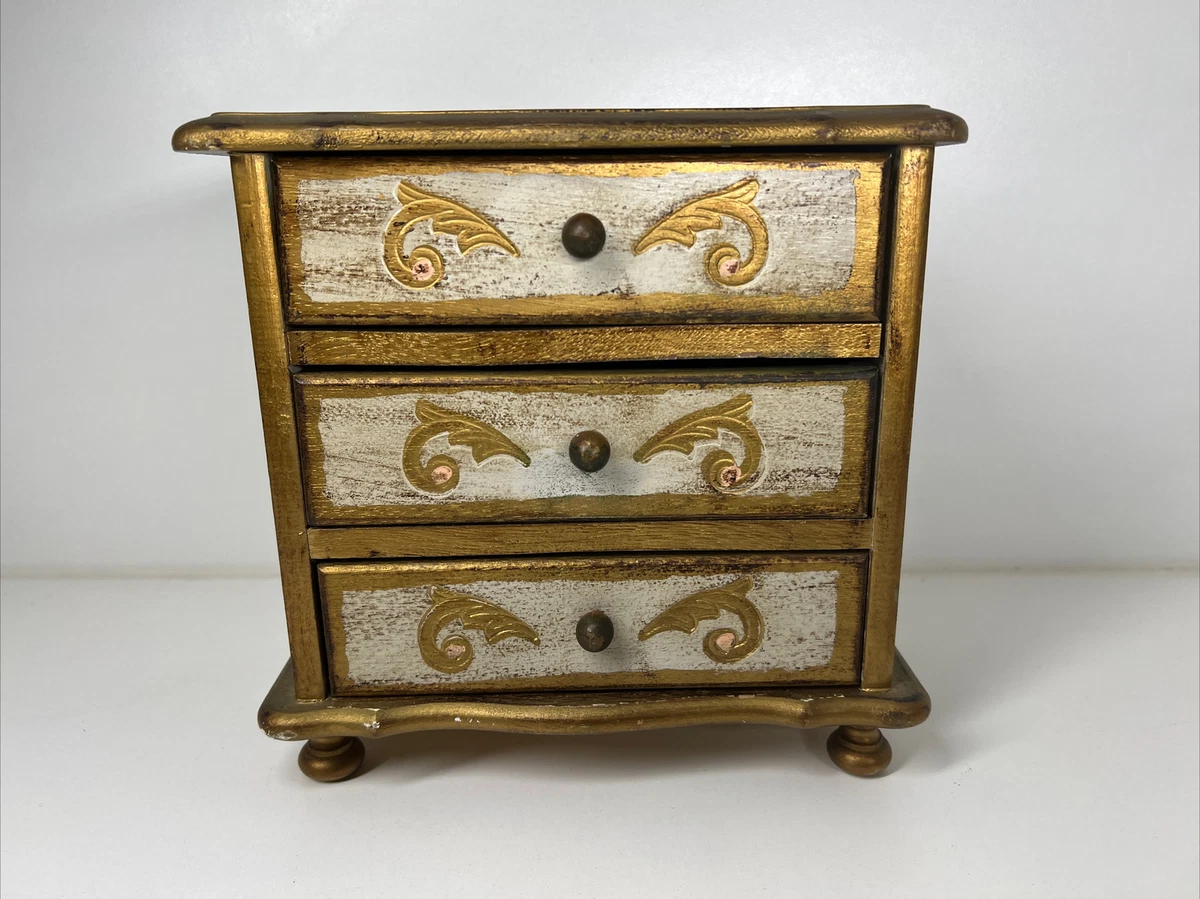 Vintage Wooden Florentine Music Box Jewelry Box Dresser 3 Drawers