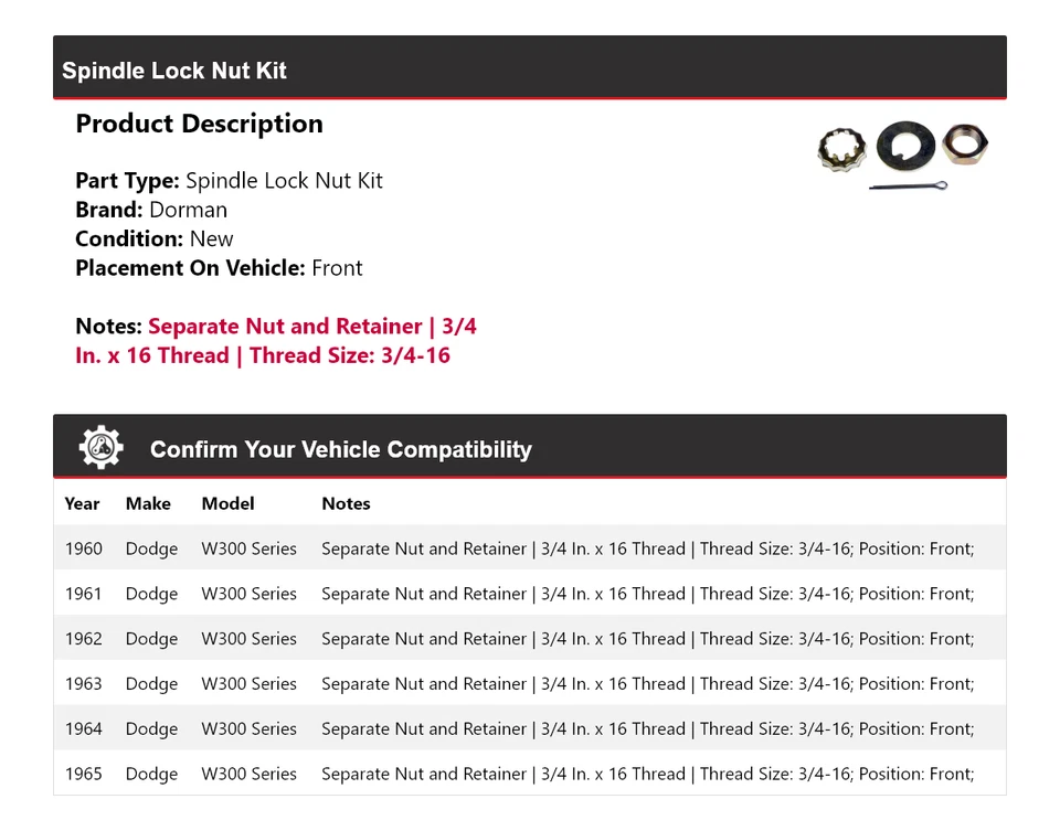 Kit de tuercas de bloqueo de husillo delanteras para Dodge W300 Series Dorman 1960-1965 1961 1962 1963 Foto 2 de 4
