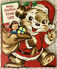 Unused Christmas Santa Dog Puppy Dressed Wave Vintage Greeting Card 1940s 1950s