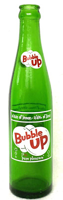 VINTAGE 1960s BUBBLE UP BOTTLE,KISS OF LEMON..LIME,10 OZ''PURE PLEASURE''PROP,GIFT