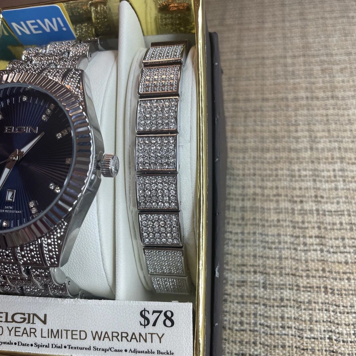 Elgin Men s Watch Bracelet Set Silver Tone with 150 Crystals FG180012ST NEW