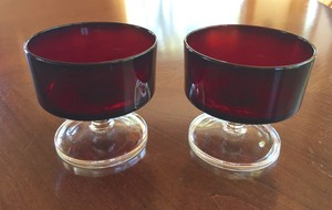 2-Vintage-Ruby-Glass-on-Clear-Glass-Pedestal-Dessert-Compotes-Made-in-France