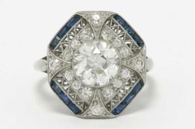 Antique Filigree Shield Design Lab-Created CZ With Blue Sapphire Art Deco Ring