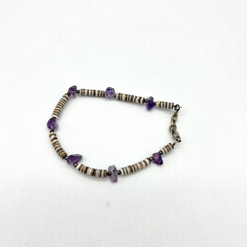Vintage Heishi Shell Bracelet Amethyst Gemstone Beads Sterling Silver Clasp - Picture 2 of 3