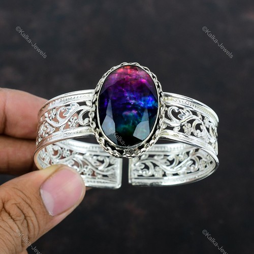 Gift For Her 925 Sterling Silver Natural Ammolite Gemstone Bangle Adjustable - Picture 3 of 6