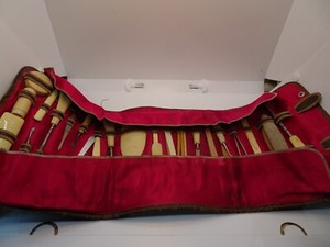 Vintage Celluloid Handled Vanity Set Leather Case Lined in Pink Silk