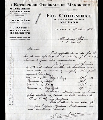 ORLEANS (45) MARMORERIE / GRAVUR auf GLAS ''Ed. COULMEAU Marbrier'' 1934
