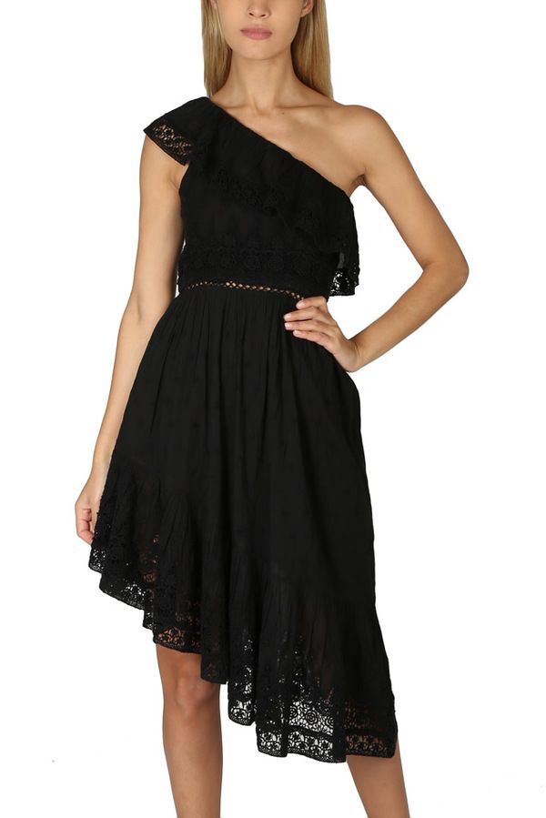 loveshackfancy one shoulder dress LoveShackFancy Womens Pamela Eyelet One Shoulder Casual Dress Black S