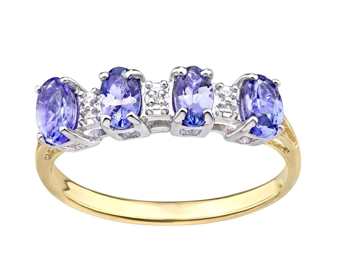 9ct Yellow Gold on Silver Tanzanite Diamond Eternity Ring sizes J V